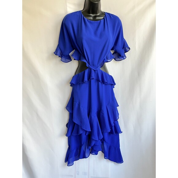 Fame and Partners Marissa Midi Dress Cobalt Blue 4 Formal Ruffles Cutout Tiered - Picture 1 of 11